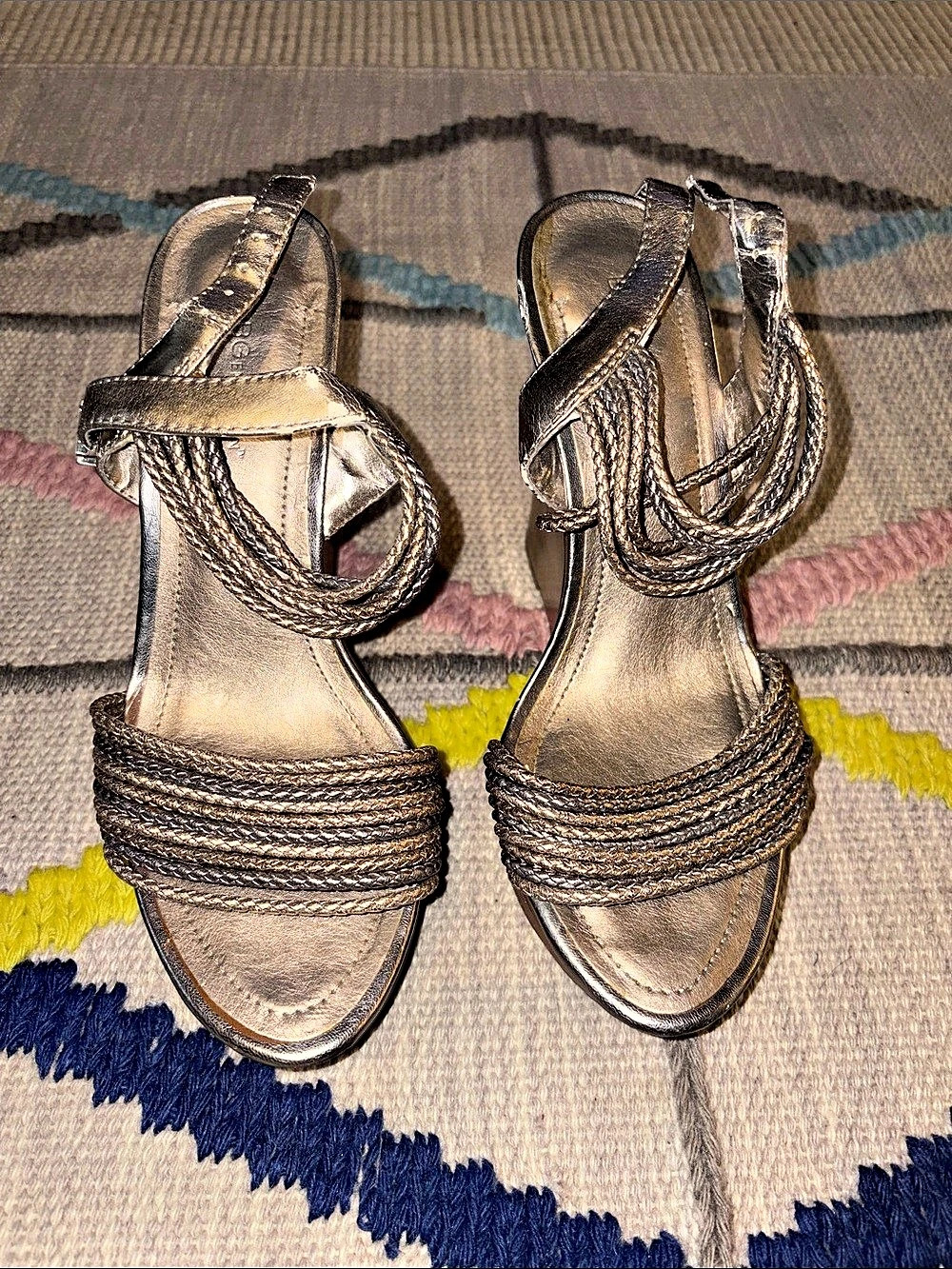 BCBG Generation Metallic Wedge Sandals Gold/Bronze/Silver 8.5